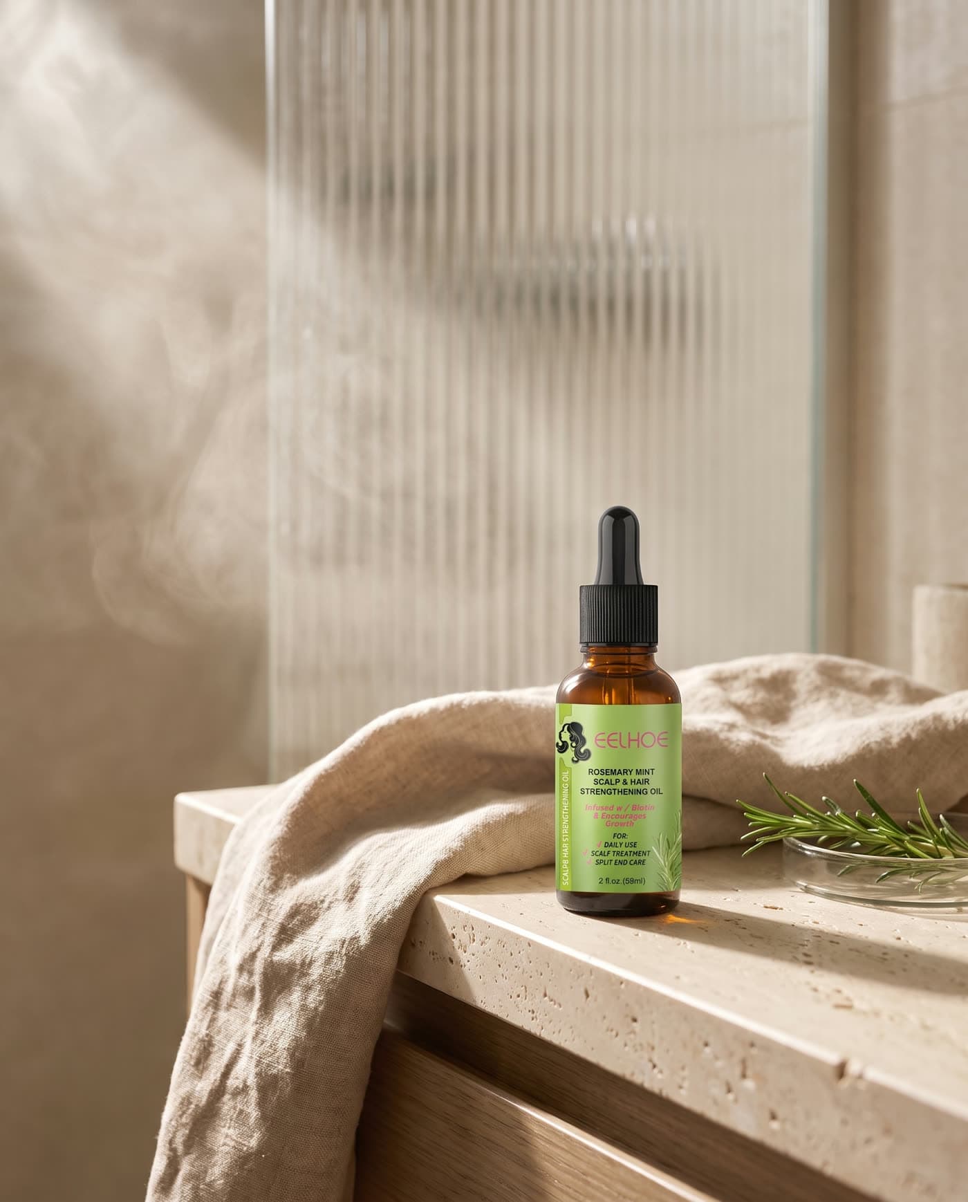 Rosemary Mint oil on a travertine vanity in soft morning light